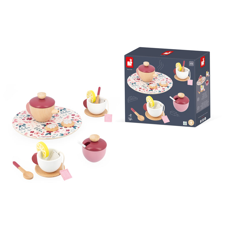 The set includes a wooden teapot, sugar bowl, two cups, two saucers and three spoons as well as two felt teabags, two lemon slices and two biscuits for extra fun! For ages 2 and up