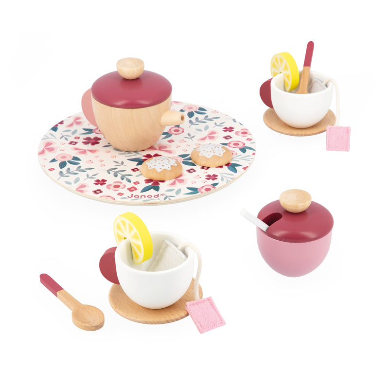 The set includes a wooden teapot, sugar bowl, two cups, two saucers and three spoons as well as two felt teabags, two lemon slices and two biscuits for extra fun! Wity lemons and felt tea bags