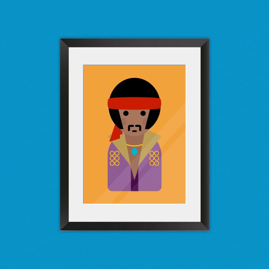 Munchquin Jimi Hendrix Inspired Art Print - a quirky and fun print of the legendary artist Jimi Hendrix.