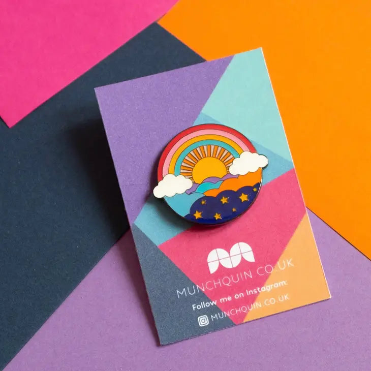 Munchquin Retro Rainbow Hard Enamel Pin - a quirky and fun enamel pin badge featuring a colourful retro rainbow and sunset design.