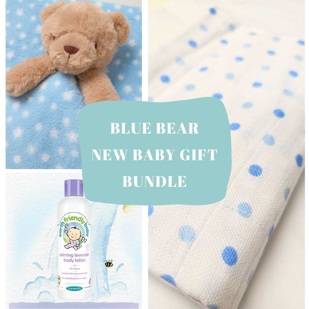 Blue Bear New Baby Gift Bundle - a gorgeous gift set containing beautiful matching items including a sweet bear comforter, blanket, muslin square and lotion. Sold by Say It Baby Gifts