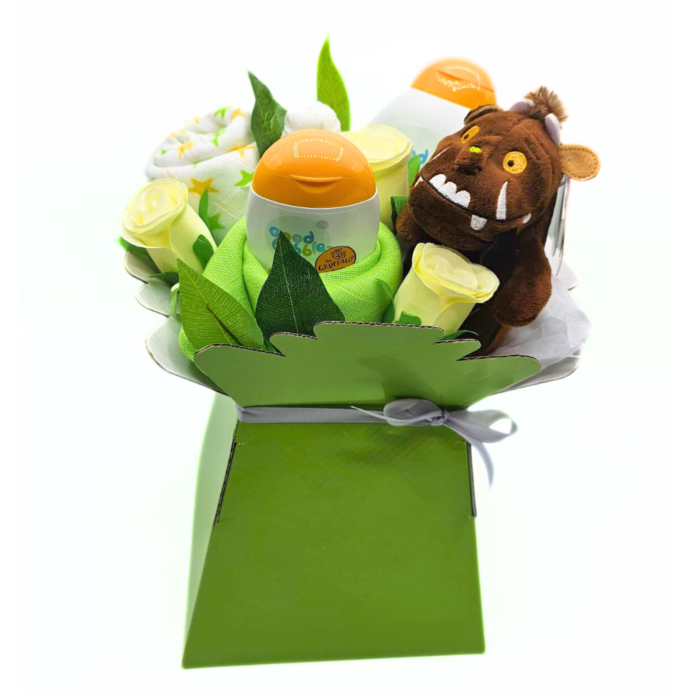 Good Bubble Gruffalo Bath Time Bouquet. This gorgeous baby bouquet contains a Gruffalo Hair &amp; Body Wash, Little Softy Moisturiser, sweet Gruffalo soft toy, a trio of soft muslin squares and a sweet baby bud sock. All beautifully presented like a bouquet of flowers.