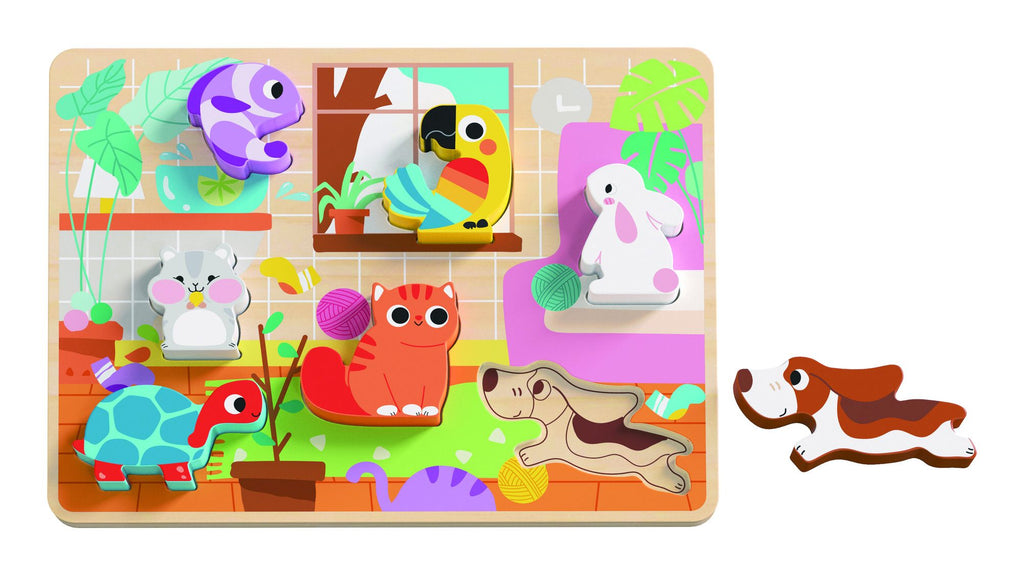 Tooky Toy Wooden Pets Chunky Puzzle - a colorful chunky puzzle featuring favourite pets including goldfish, budgie, cat, hamster, dog and tortoise. Sold by Say It Baby Gifts