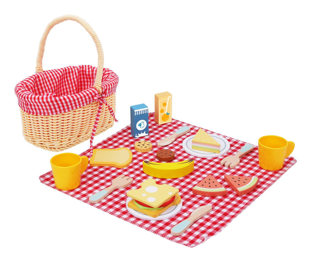 Tooky Toy Wooden Picnic Basket Set 23 piece wooden toy set. Sold by Say It Baby Gifts