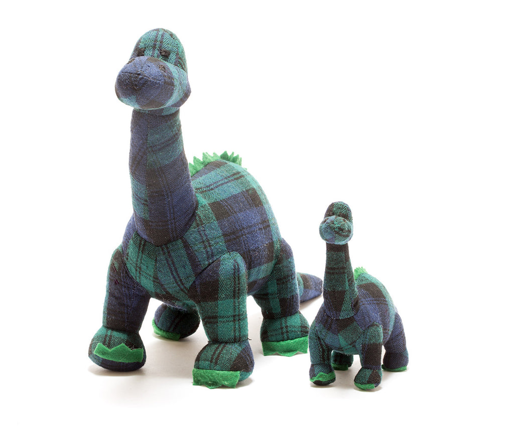 This gorgeous Diplodocus dinosaur in dark blue and green tartan is a happy chappy! Sold by Say It Baby Gifts
