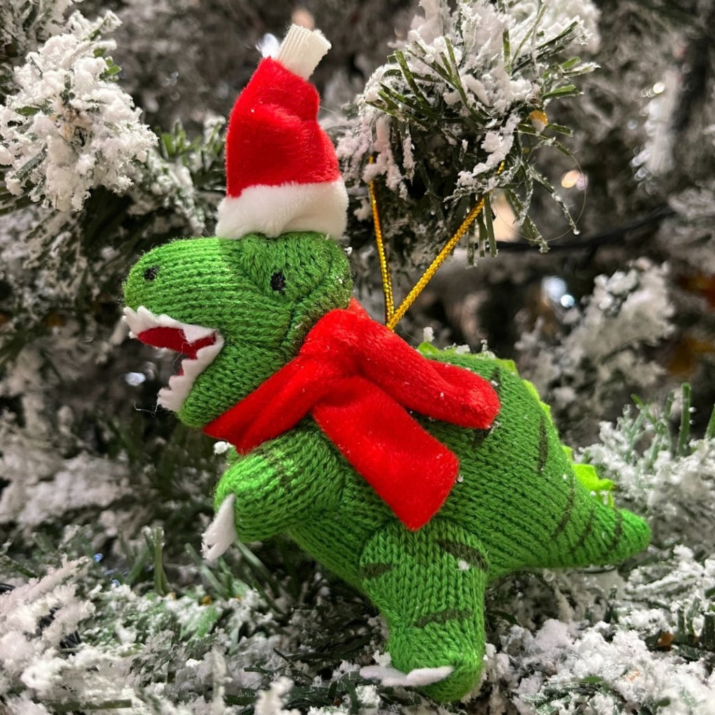 Best Years Knitted Green T-Rex Xmas Decoration. Sold by Say It Baby Gifts