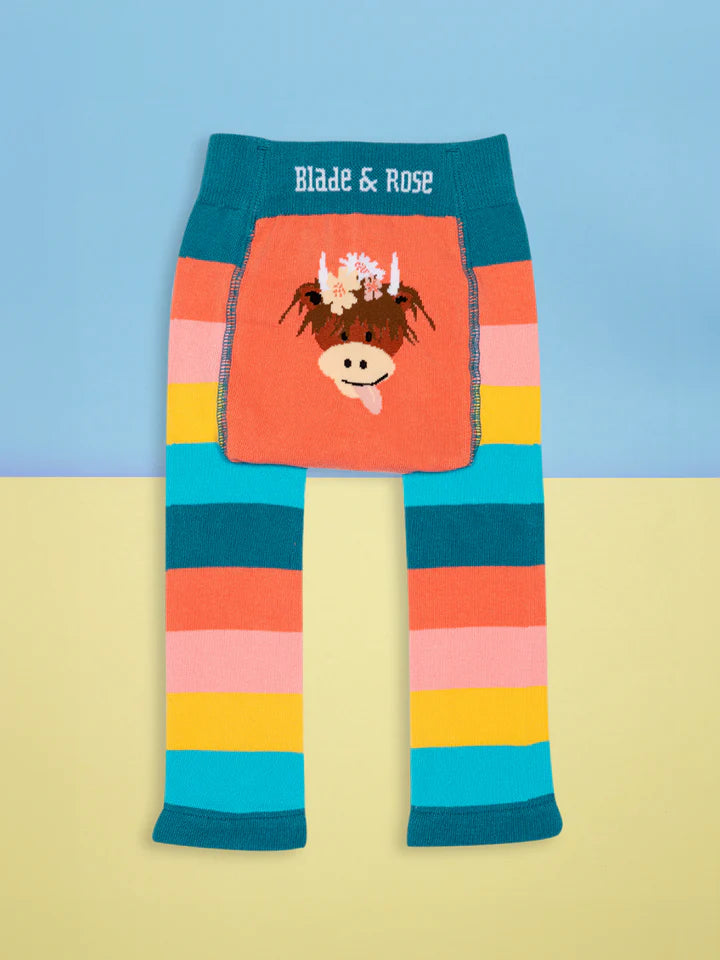 Blade & Rose Bonnie Highland Cow Leggings - bold, bright and fun! These fab leggings have orange, blue, yellow and pink stripes with a fun Bonnie Highland Cow design.