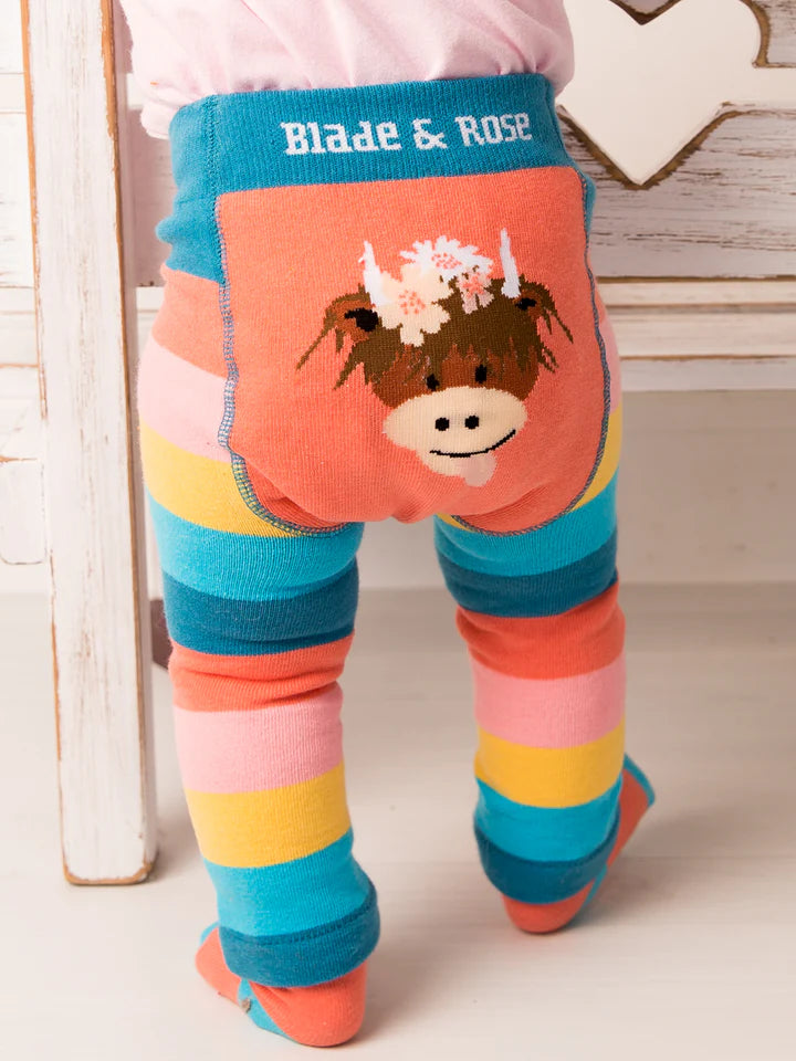 Blade & Rose Bonnie Highland Cow Leggings - bold, bright and fun! These fab leggings have orange, blue, yellow and pink stripes with a fun Bonnie Highland Cow design.