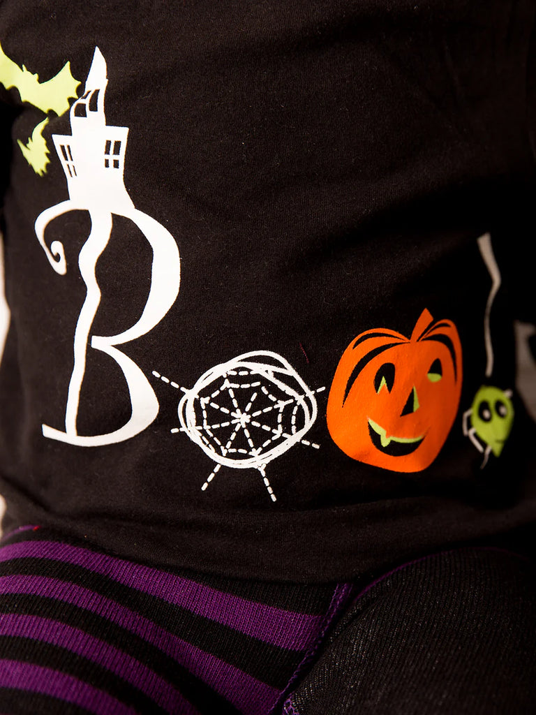 Blade & Rose Boo Top - bold, bright and fun! This gorgeous black top features a sweetly spooky "Boo" design with pumpkin and cobwebs. It also glows in the dark!