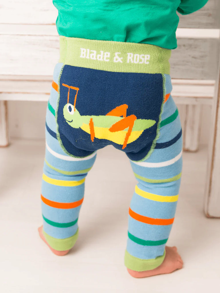 Blade & Rose Bugs Leggings - bold, bright and fun! These fab leggings are pale blue with multi-colour stripes and a bold bug design on the bottom! 