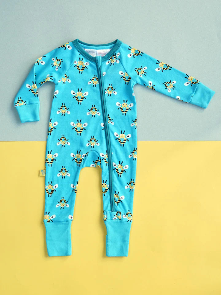 Blade & Rose Buzzy Bee Zip-Up Romper - bold, bright and fun! This fab romper in blue and yellow and white features a contrasting zip and the cutest Buzzy Bee design.