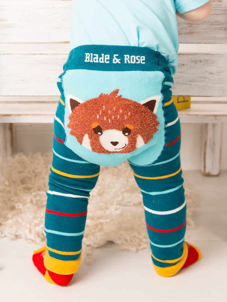 Blade & Rose Chip the Red Panda Leggings - bold, bright and fun! These fab leggings in teal with blue, yellow, white and red stripes feature a fluffy Chip the Red Panda design on the bottom!