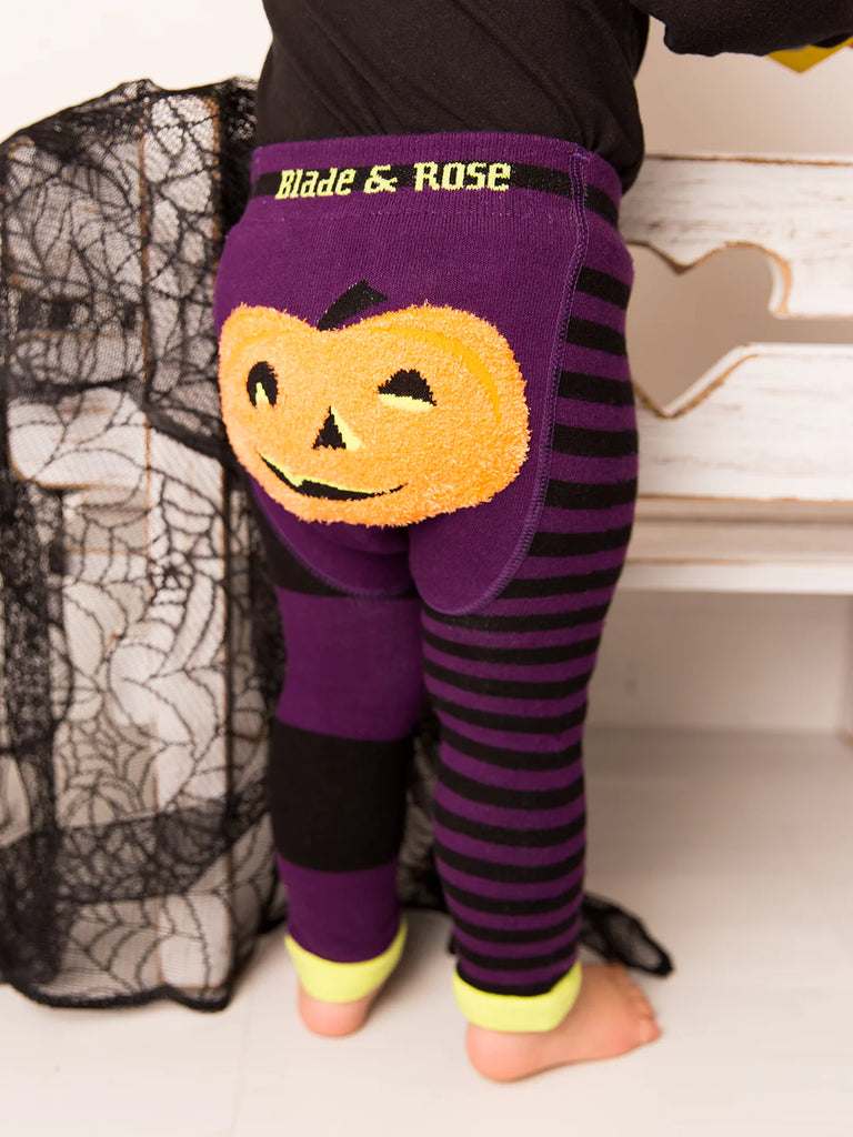 Blade & Rose Fluffy Pumpkin Leggings - bold, bright and fun! These fab leggings are black and purple striped with a gorgeous fluffy Pumpkin design on the bum.