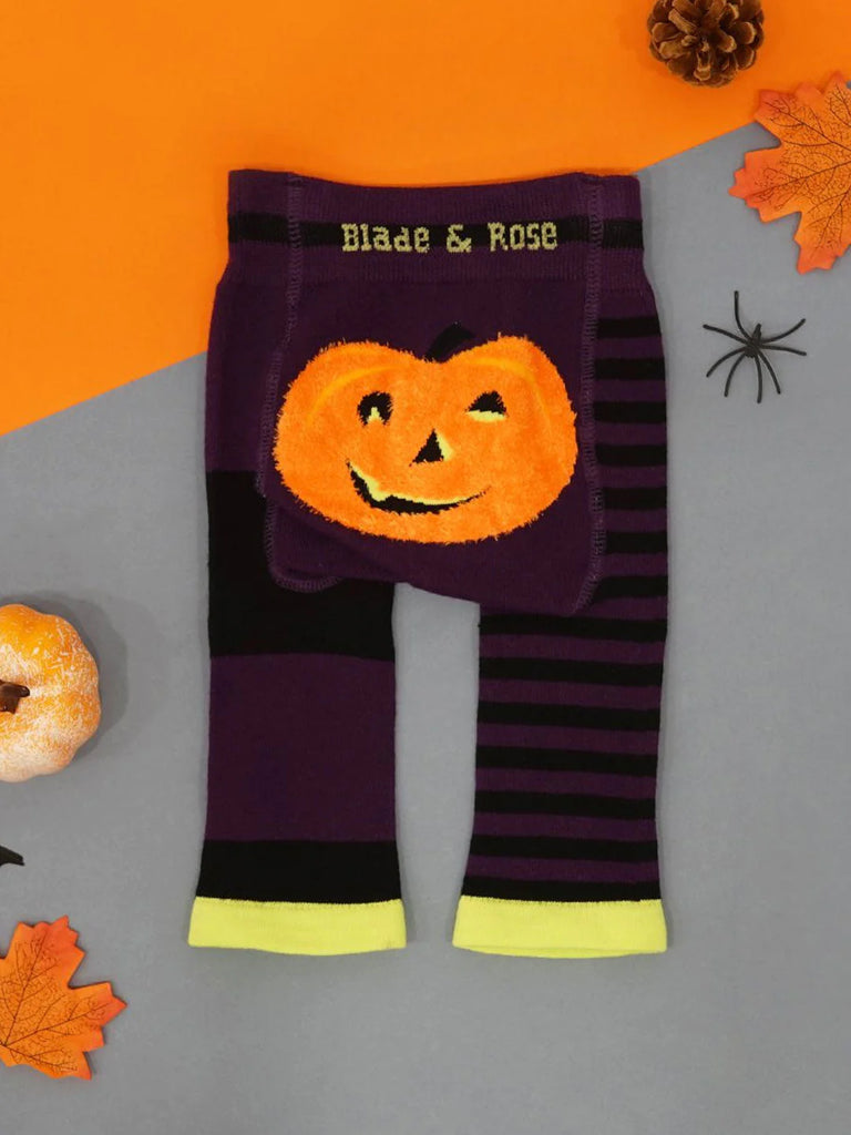 Blade & Rose Fluffy Pumpkin Leggings - bold, bright and fun! These fab leggings are black and purple striped with a gorgeous fluffy Pumpkin design on the bum.
