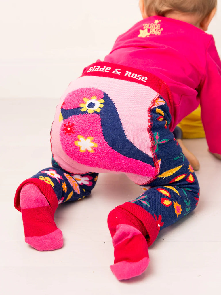 Blade & Rose Layla the Parrot Leggings- bold, bright and fun! These fab leggings feature a vibrant pink and navy design, with beautiful multi-coloured flowers on the legs and a playful Layla the Parrot print on the bottom.