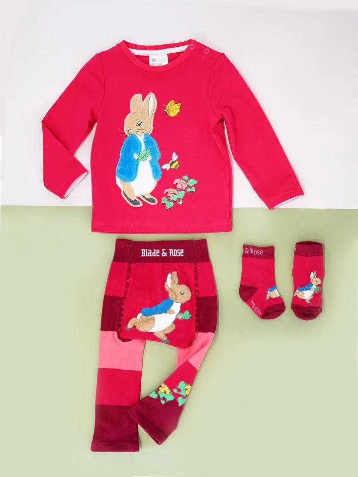 Blade & Rose Peter Rabbit Autumn Leaf Top - bold, bright and fun! This gorgeous top in a deep pink features a soft fleece applique Peter Rabbit.