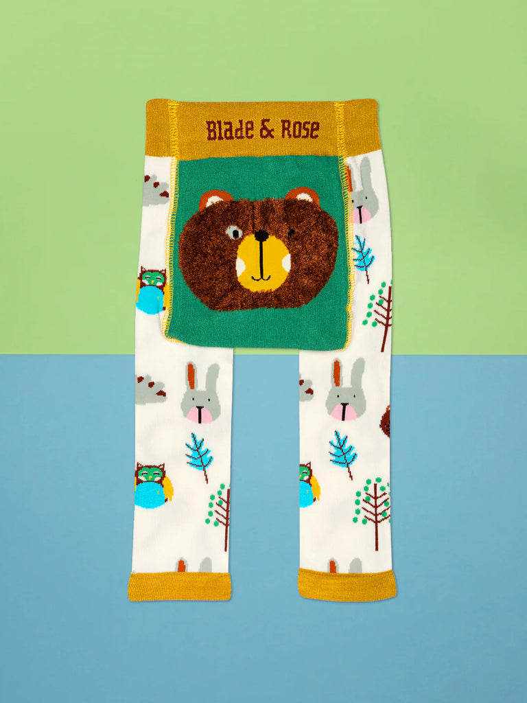 Blade & Rose Wild Woodland Leggings - bold, bright and fun! These fab leggings have a sweet woodland theme print and a fluffy bear on the bottom! Sold by Say it Baby Gifts