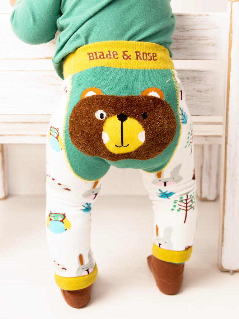 Blade & Rose Wild Woodland Leggings - bold, bright and fun! These fab leggings have a sweet woodland theme print and a fluffy bear on the bottom!