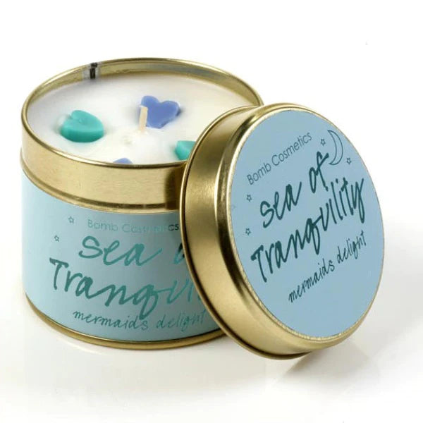 Sea of Tranquility Tin Candle by Bomb Cosmetics, created using Marjoram &amp; Rosemary essential oils. Sold by Say It Baby Gifts
