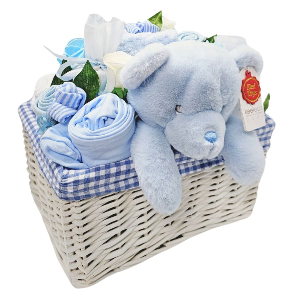 Deluxe Baby Boy Gift Flower Basket by Say It Baby Gifts. Unique Baby Boy Gift Basket