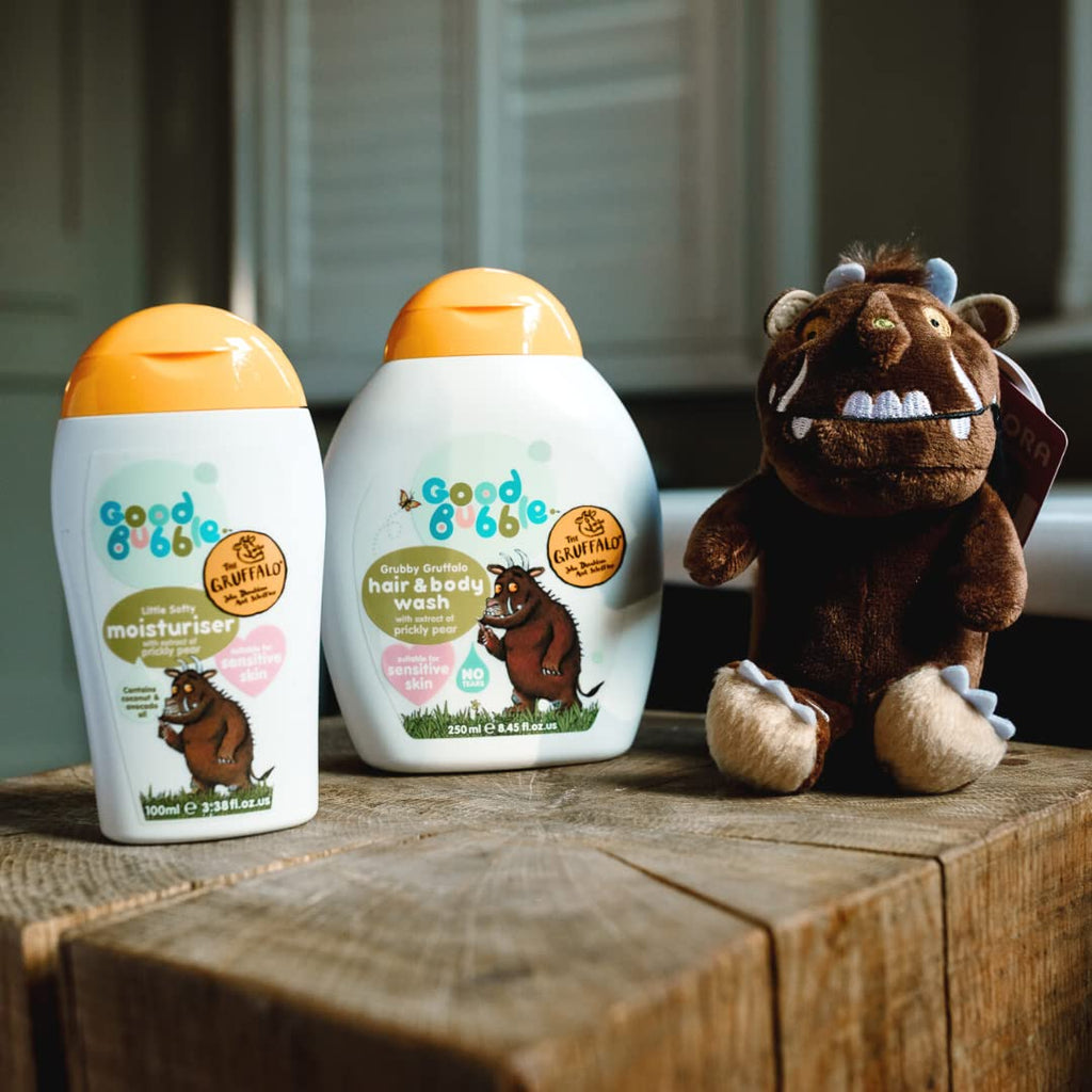Good Bubble Gruffalo Bath Time Bouquet. This gorgeous baby bouquet contains a Gruffalo Hair &amp; Body Wash, Little Softy Moisturiser, sweet Gruffalo soft toy, a trio of soft muslin squares and a sweet baby bud sock. All beautifully presented like a bouquet of flowers.