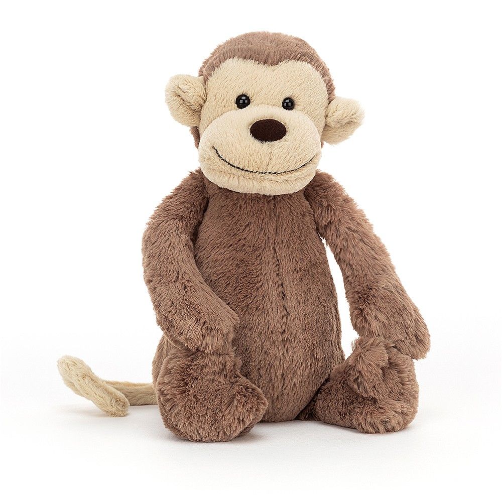 Jellycat Bashful Monkey. This super soft creamy chocolate coloured monkey has gorgeous soft fur, a happy smile and a cute curly tail.  BAS3MKNN Sold by Say It Baby Gifts