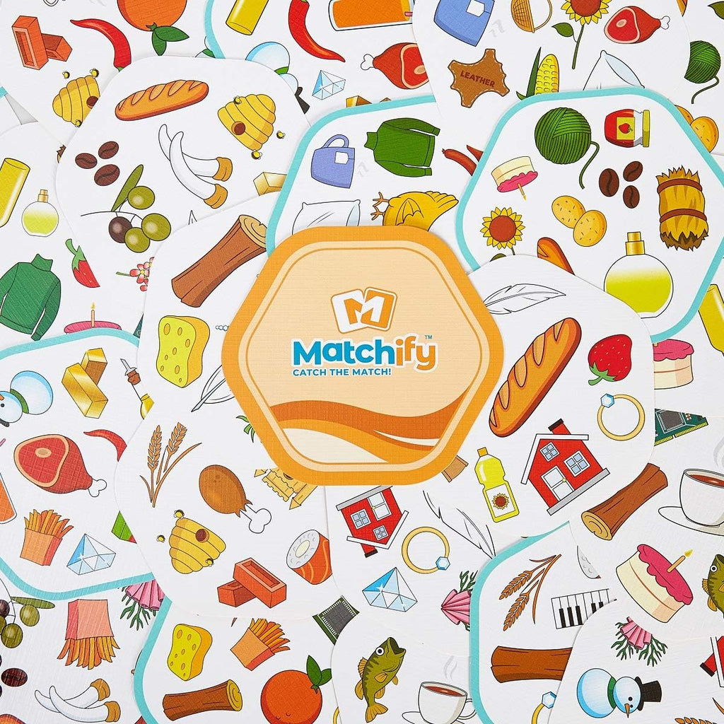 Matchify is a fast-paced, observation card game - when you spot the links on the card, shout it out!  Catch the Match! Made Of Food themed game.