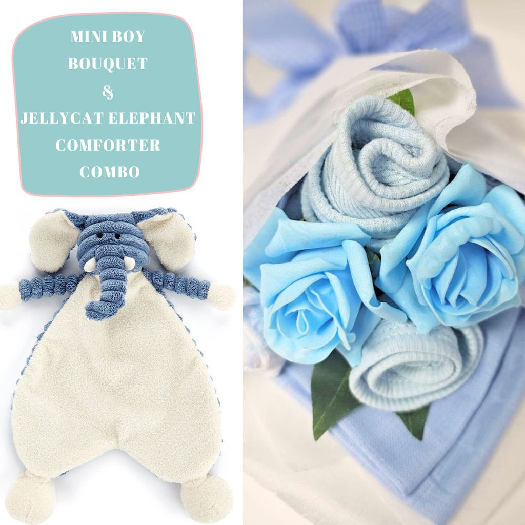 This gorgeous combines our handmade Mini Baby Boy Clothes Bouquet with the softest Jellycat Cordy Roy Elephant Comforter.