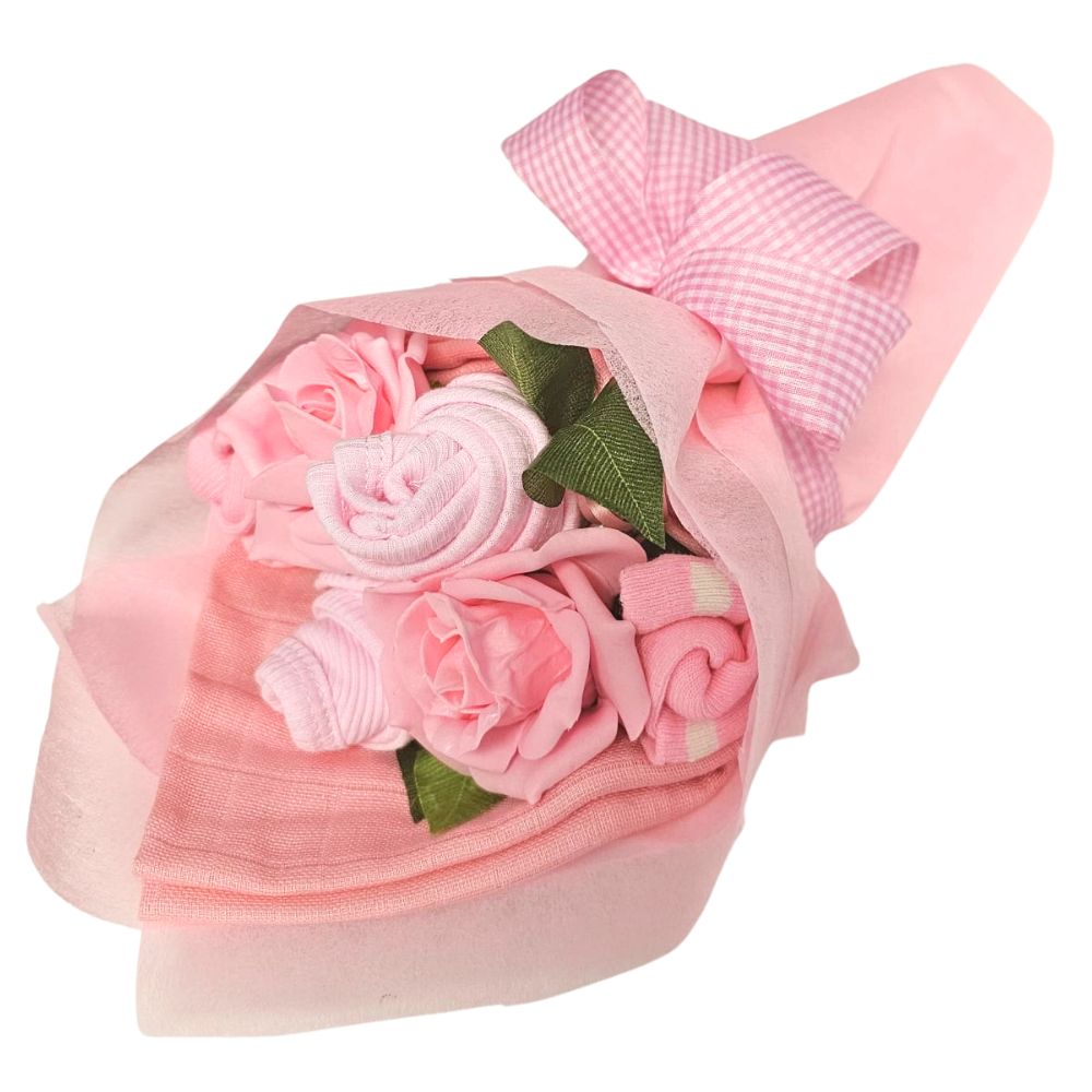 Say It Baby - Mini Baby Girl Clothes Bouquet - Say It Baby. Hand-crafted out of practical baby clothes and items, this lovely little bouquet looks at first glance just like a beautiful bouquet of flowers. Containing a soft baby girl romper, two pairs of baby socks and two handy muslin squares, this pretty bouquet is presented as a little floral gift.