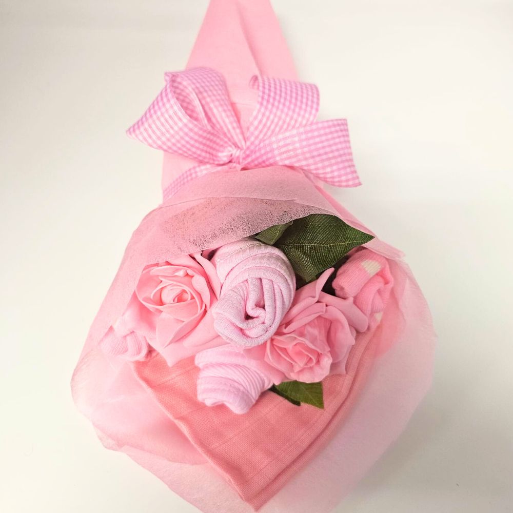 Say It Baby - Mini Baby Girl Clothes Bouquet - Say It Baby. Hand-crafted out of practical baby clothes and items, this lovely little bouquet looks at first glance just like a beautiful bouquet of flowers.