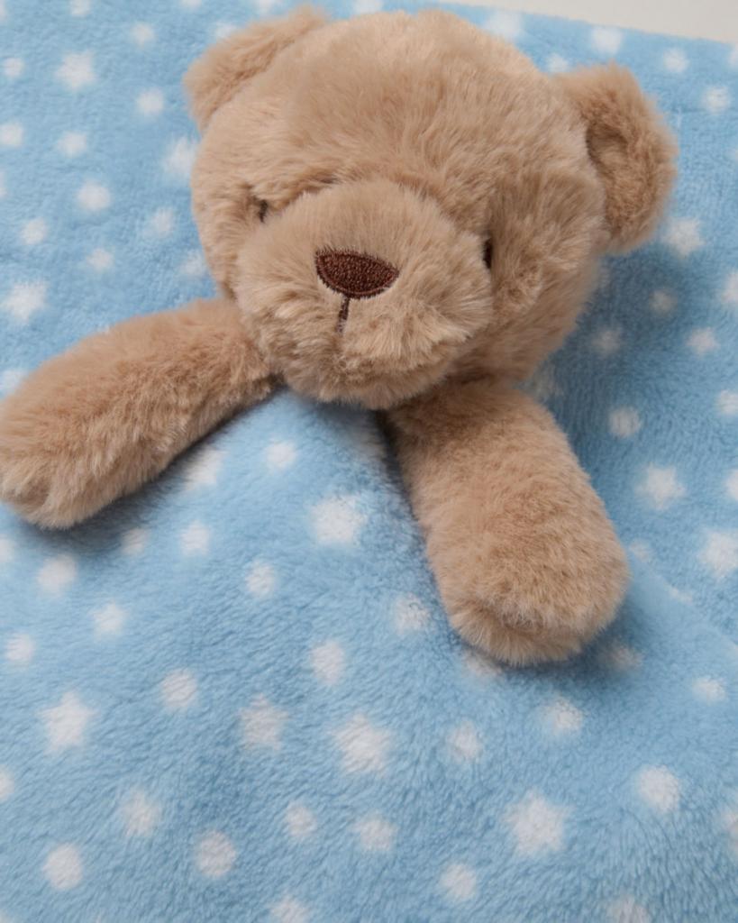 Blue Teddy Bear Comforter and Wrap Set - a super soft pink blanket with a white polka dot design and a matching teddy bear comforter.