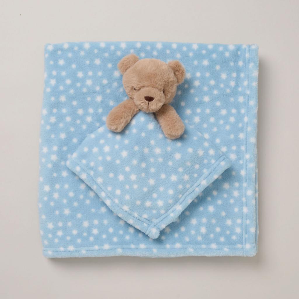 Blue Bear New Baby Gift Bundle - a gorgeous gift set containing beautiful matching items including a sweet bear comforter, blanket, muslin square and lotion. Sold by Say It Baby Gifts