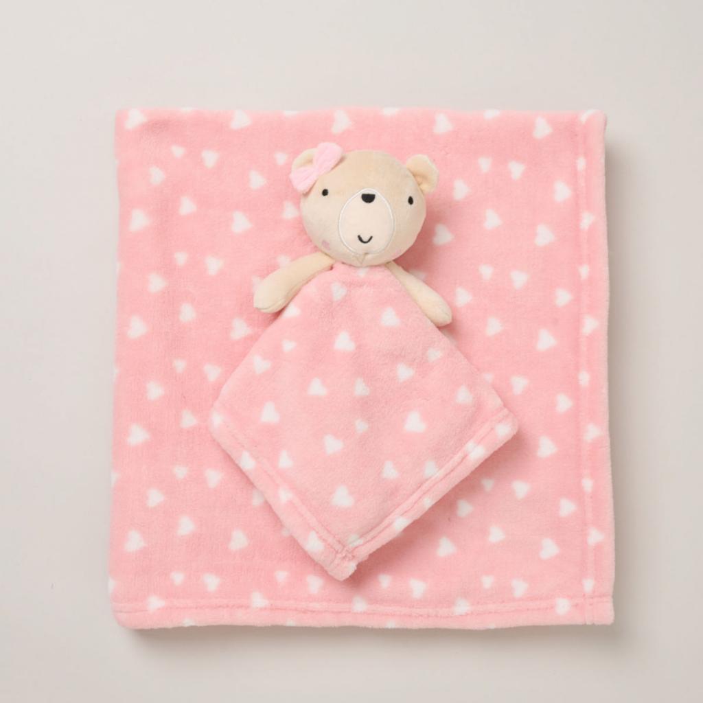 Pink Teddy Bear Comforter and Wrap Set - a super soft pink blanket with a white love heart design and a matching teddy bear comforter.