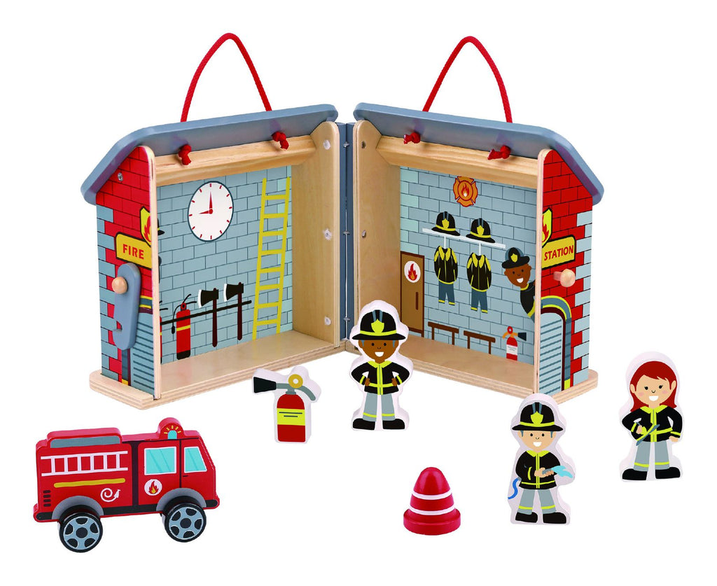 Tooky Toy Wooden Foldable Fire Station- a colourful, portable playset that kids will love!