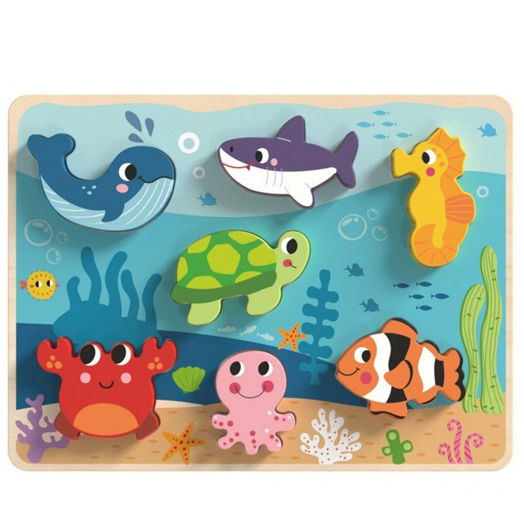 Tooky Toy Wooden Marine Chunky Puzzle - a colorful chunky puzzle featuring whale, shark, seahorse, crab, octopus and fish. Sold by Say It Baby Gifts