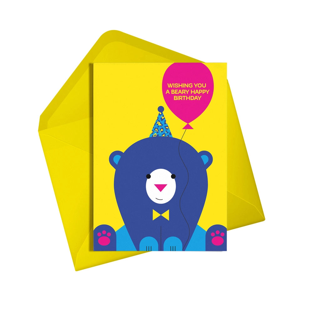 This colourful card from Alphabots features a big blue bear holding a balloon with the words "Wishing You a Beary Happy Birthday" on a bright yellow bac