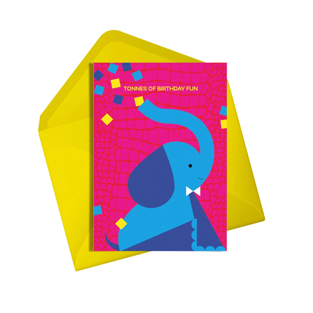This colourful card from Alphabots features a blue elephant on a pink background with the words "Tonnes of Birthday Fun".
