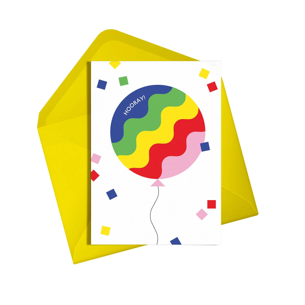 This colourful card from Alphabots features a rainbow balloon with the words "Hooray"