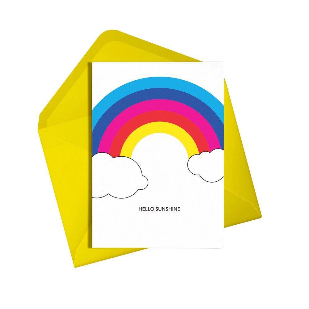 This colourful card from Alphabots features colourful rainbow with the words "Hello Sunshine"