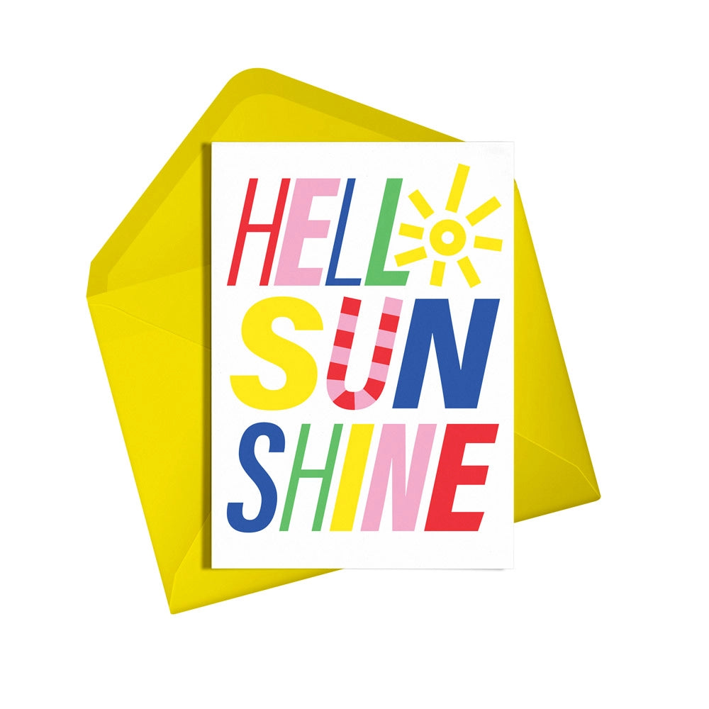This fun card from Alphabots features a bold print "Hello Sunshine" in a rainbow of colours.