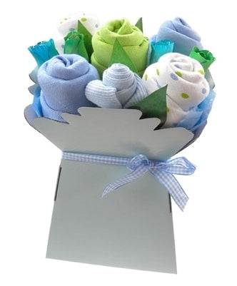 Say It Baby - Baby Boys Muslin Square Bouquet - Say It Baby. This lovely bouquet contains five muslin squares including baby blue, green and polka dot. The arrangement also contains x2 pairs of little baby socks, artificial wooden roses and greenery to look just like a pretty bouquet.