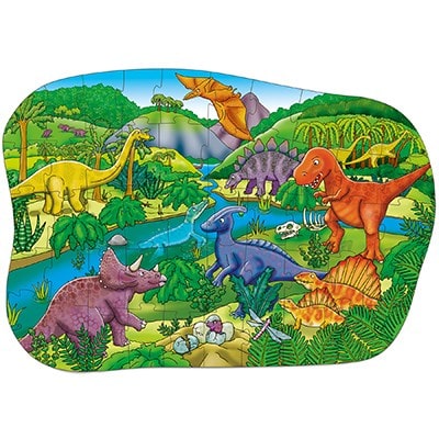 This beautifully illustrated jigsaw depicts a wide array of dinosaurs, from a triceratops to a t-rex, in a lush, prehistoric setting. 