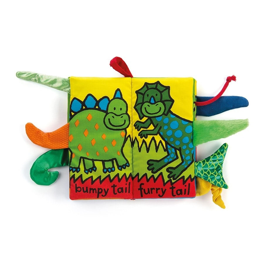 Jellycat Tails Dino Book - Say It Baby .  With crinkly pages, this touch and feel book is full of fun and great for little ones to explore. It can also be used on the go and will attach to prams, bouncers etc. Suitable from birth.