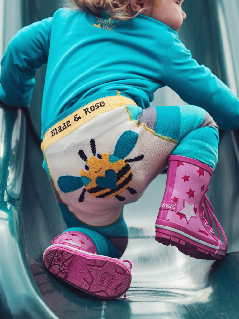 Blade & Rose Weather Leggings - bold, bright and fun! These fab leggings are teal, blue and grey striped with a sweet bee design on the bum.