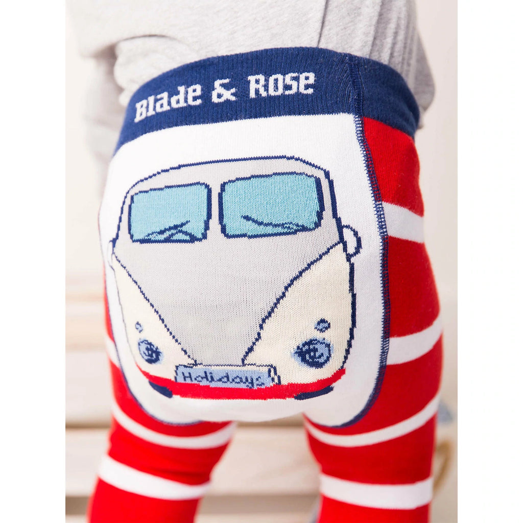Blade & Rose Campervan Leggings - bold, bright and fun! These fab leggings have red and white stripes with a white bum featuring a fun campervan - perfect for adventure!