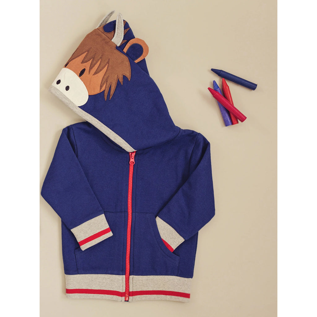 Blade & Rose Highland Cow Hoodie - a gorgeous navy Hoodie featuring a fun Highland cow face with perky ears and horns. 