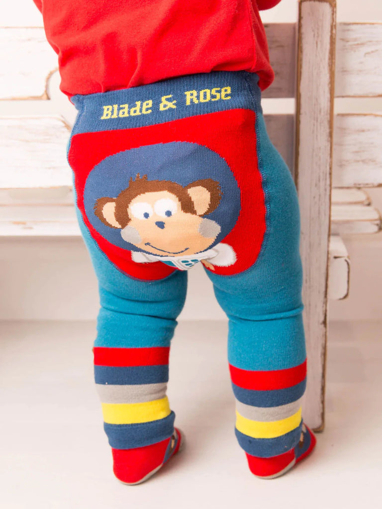 Blade & Rose Space Monkey Leggings - bold, bright and fun! These fab leggings in blue, red, grey and yellow stripes feature a fun space monkey - perfect for little explorers. Say It Baby Gifts