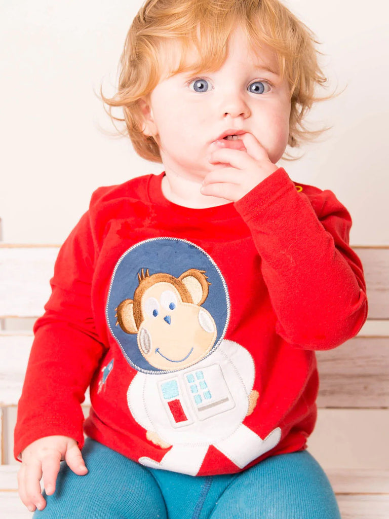 Blade & Rose Space Monkey Top - bold, bright and fun! This gorgeous red top features a fun space monkey with a fluffy fleece applique. Sold by Say it Baby Gifts