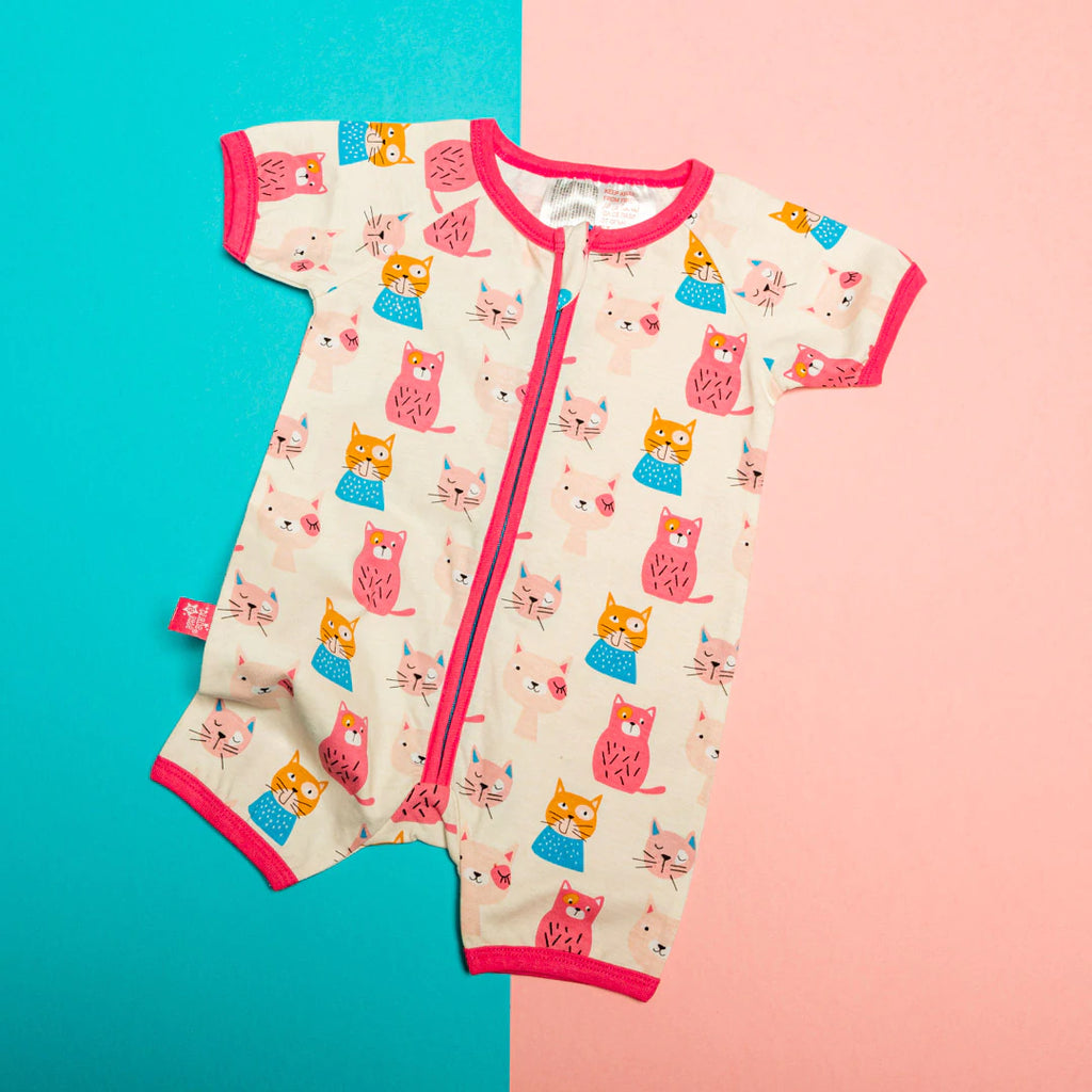 Blade & Rose Willow The Cat Romper - with a gorgeous all-over Willow the Cat print in cream and bright pink it's perfect for warmer weather.