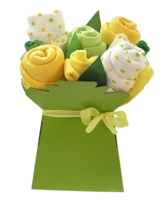 Say It Baby - Bright Baby Muslin Square Bouquet - Say It Baby. This lovely bouquet contains five bright colours including baby yellow, green and polka dot. The arrangement also contains x2 pairs of little baby socks, artificial wooden roses and greenery to look just like a pretty bouquet.